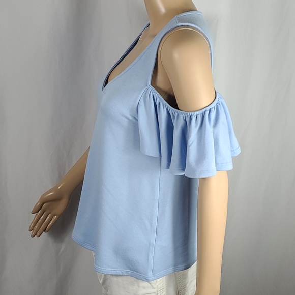 Everly | Sky Blue Ruffle Cold Shoulder V-Neck Tee - Picture 3 of 8